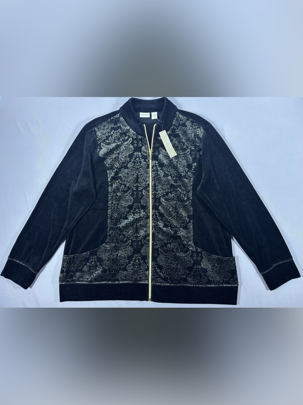 NWT Chico’s Zenergy Black Velour Foil Floral Zip Jacket Women’s XL